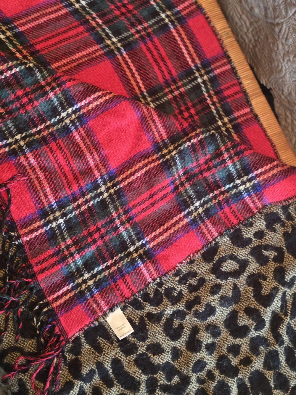 Classic Red Plaid And Leopard Print Fringe Scarf - Women’s Cozy Wrap
